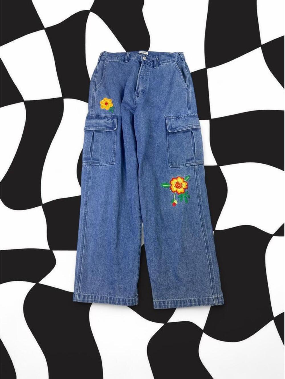 Obey blue denim cargo Jeans with embroidered flowers